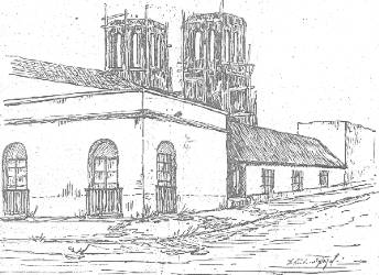 Dibujo de Florida en el año 1898. Calles Ituzaingó e Independencia. Al fondo se pueden ver las torres de la catedral en construcción
