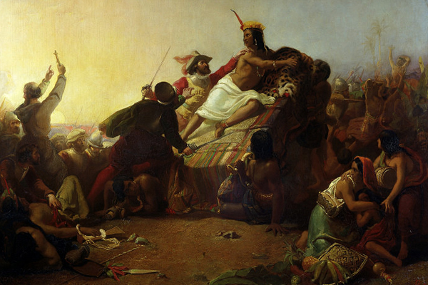 Ilustració de Pizarro capturando al inca Atahualpa.