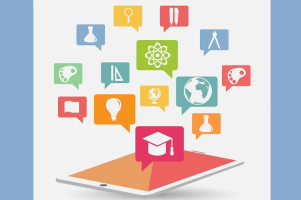 Ilustración de íconos de tecnología y educación.