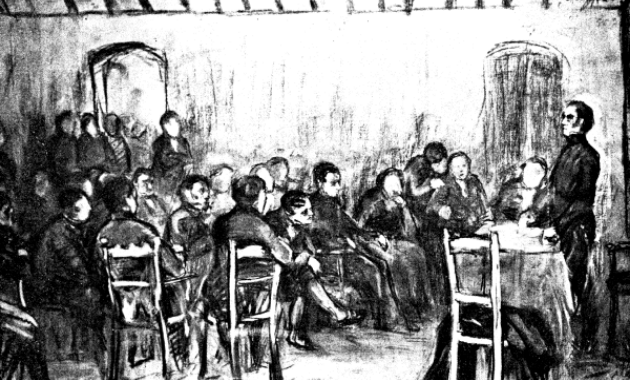 Ilustración de Artigas reunido con otros hombres.