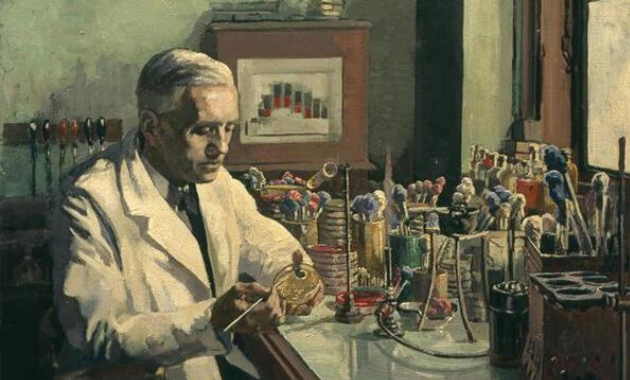 Retrato de Alexander Fleming trabajando en un laboratorio