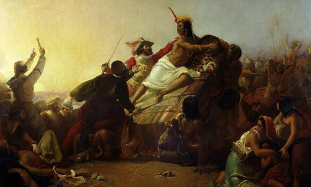 Ilustració de Pizarro capturando al inca Atahualpa.