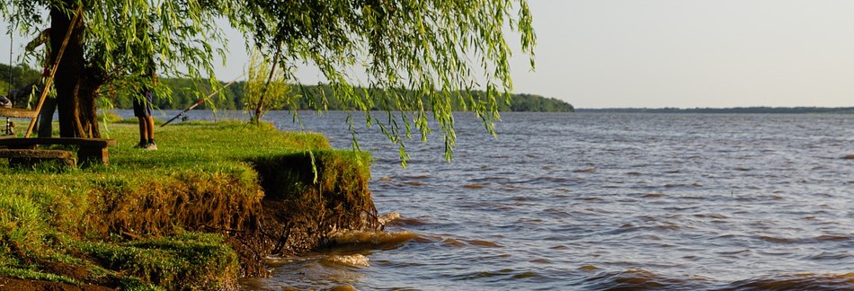 costa de un río uruguayo con barranco bajo y persona pescando