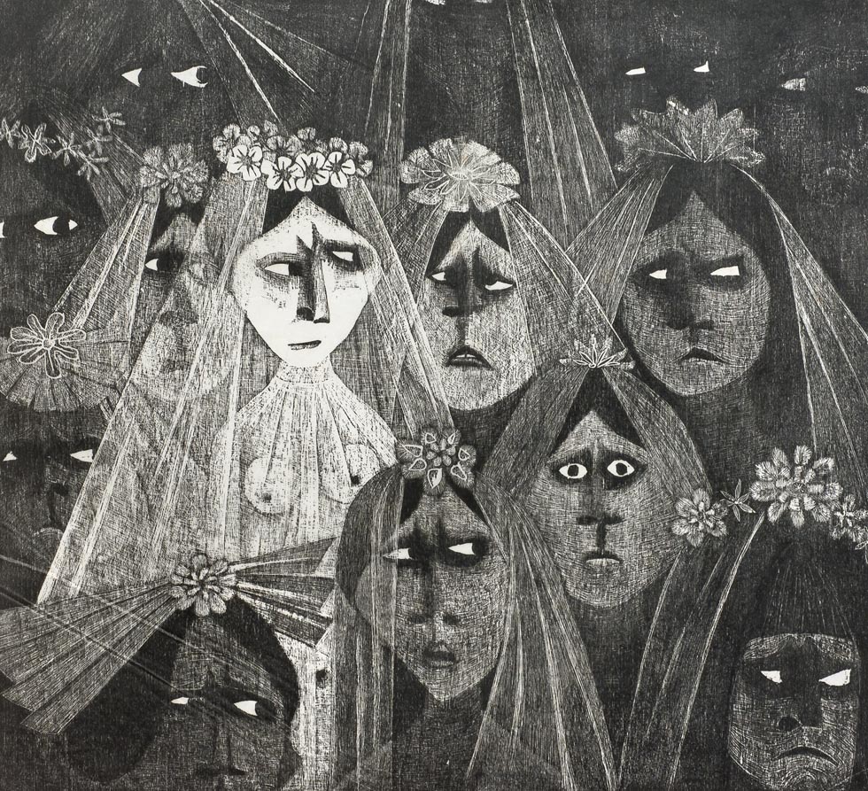 Ilustración grupo de novias con velo.