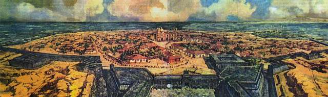 Panorámica de la Ciudad de Montevideo a fines del siglo XVIII —con la Ciudadela en primer plano— según una reconstrucción de Leonie Matthis.