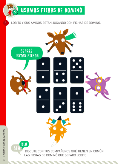página 56 del cuaderno para hacer matemática en inicial con una actividad con dominós