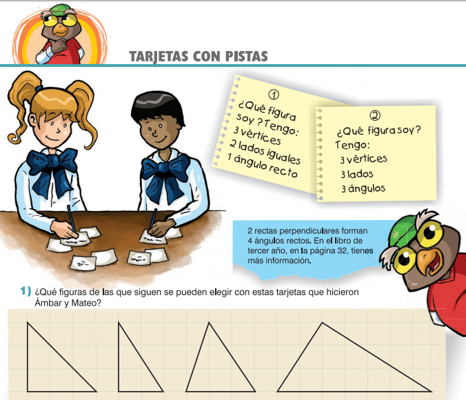 Actividad del cuaderno para hacer matemática acerca de descubrir figuras por pistas.