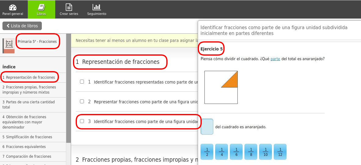 Actividad de identificar fracciones como parte de la unidad (cuadrado)