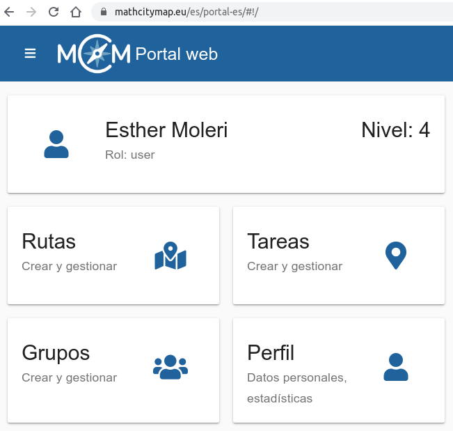 Menú que presenta el Portal de la aplicación