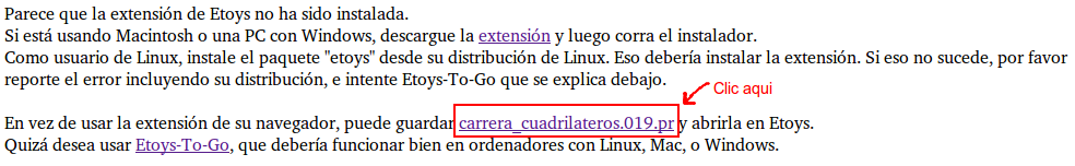 Dónde hacer clic luego de entrar al sitio de Etoys en línea.