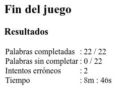 Ejemplo de la tabla de resultados que ofrece el juego al finalizarlo.