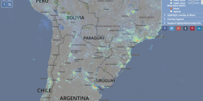 mapa de parte de América del Sur y la contaminación luminosa presente