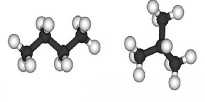 Modelo de molécula de butano y metilpropano (isómeros de cadena entre sí)