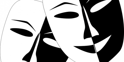 Imagen que muestra el símbolo universal del teatro: 2 máscaras representando la tragedia y la comedia