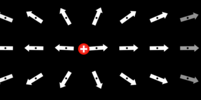 Captura de pantalla del simulador, en el que se muestra una carga positiva y flechas blancas representando las líneas de campo eléctrico.