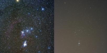 imagen comparativa; Orión en cielo oscuro y en cielo con resplandor.