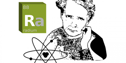 Dibujo que representa a Marie Curie, el modelo atómico de Bohr y el símbolo del elemento químico radio