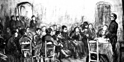 Ilustración de Artigas reunido con otros hombres.