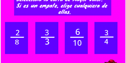 Pantalla del juego donde se exponen cuatro cartas con fracciones.