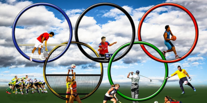 Figura con los aros olímpicos y atletas de diferentes disciplinas.