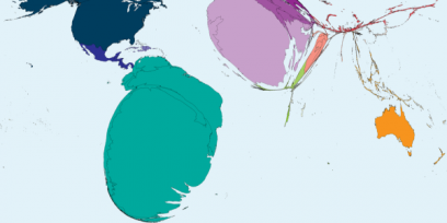 Cartograma: "Migración desde Uruguay 1990-2017". El mayor grupo de emigrantes desde Uruguay que se produjeron entre 1990 y 2017 se produjeron hacia Argentina, seguido de España y EE.UU.