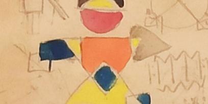 Imagen parcial de afiche con dibujos de Amalia Nieto de títere Petrushko, con formas geométricas, realizados en acuarela.