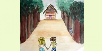Dibujo realizado con acuarela, aparecen Hansel y Gretel de espaldas, caminando por un sendero rodeado de árboles rumbo a una casa.
