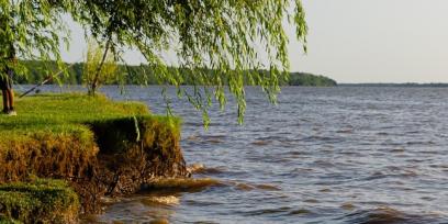 costa de un río uruguayo con barranco bajo y persona pescando