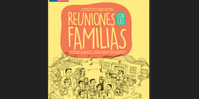 Portada amarilla con título y dibujo que muestra a familiares a la izquierda, los niños en el medio y los docentes a la derecha. Al fondo la escuela y detras de las familias el barrio