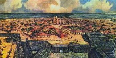 Panorámica de la Ciudad de Montevideo a fines del siglo XVIII —con la Ciudadela en primer plano— según una reconstrucción de Leonie Matthis.