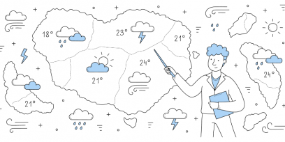 ilustración de un personaje con el fondo del pronóstico del tiempo