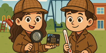 Niños-detectives con instrumentos de medición de la temperatura: termómetro y placa microbit