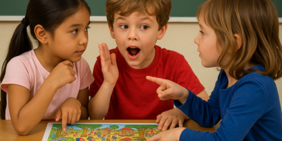 Tres niños jugando a describir y adivinar elementos de una escena ilustrada.