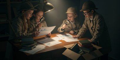 Niños detectives analizando gráficos y tablas de datos