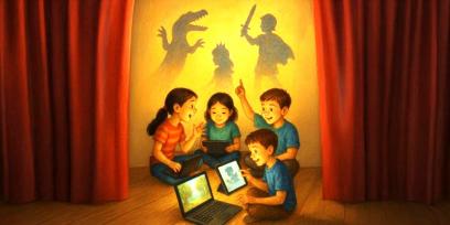 Niños jugando con sus computadoras y las sombras de seres imaginarios.