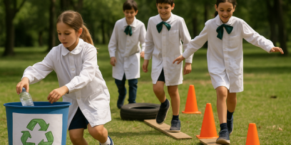 Cuatro estudiantes con túnica blanca escolar recorren un circuito al aire libre reciclando plástico y sorteando obstáculos como conos, neumáticos y tablones.