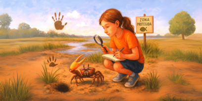 Niña con una lupa observando a un cangrejo violinista en una zona protegida