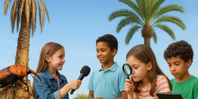 Niños entrevistándose, investigando con lupa y tablet sobre las palmeras y el picudo rojo.