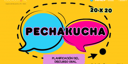 Afiche educativo colorido sobre planificación del discurso oral con formato PechaKucha. Incluye dos globos de diálogo, el texto '20 x 20', y el nombre de la docente Valeria Tarmezzano. Logos institucionales de ANEP y Educación + TIC.