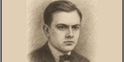 Retrato en primer plano de José Sebastián Tallón, dibujo en tonos marrones y negros, con traje oscuro y moño, sobre papel de apariencia envejecida.