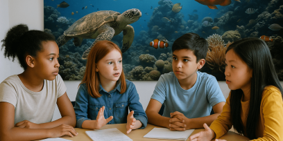 Niños y niñas debatiendo con sus notas como apoyo y el fondo del mar con animales a sus espaldas.