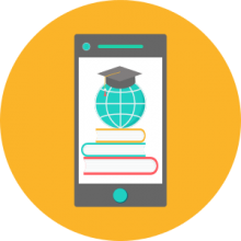 Icono de una tablet que muestra un globo terráqueo sobre libros