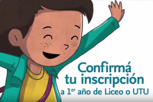 Ilustración de una niña contenta y un texto que dice "Confirmá tu inscripción a 1er año de liceo o UTU"