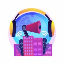 Ilustración de una edificio con un megáfono y un protector auditivo.