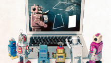 Robot explicando a otros robot sobre figuras gemétricas