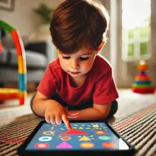 Niño seleccionando objetos con su dedo índice en una tablet.