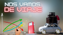 Auto preparado para un viaje cuyas ruedas están representadas por dos relojes, surtidor de gasolina, gráfica