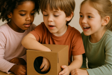 Un niño explora un objeto al tacto con los ojos cerrados mientras dos compañeras observan con emoción.