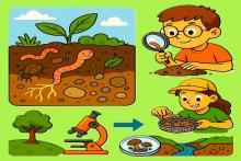 Niños investigando el suelo con lupas y microscopio