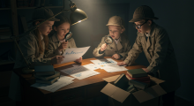 Niños detectives analizando gráficos y tablas de datos